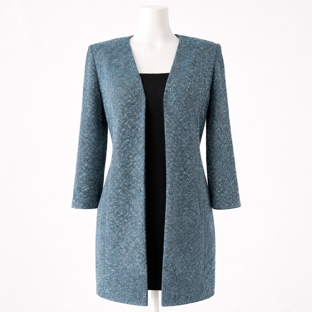 St. John Collection Marled Teal Santana Knit Open Front Jacket Cardigan Size 6